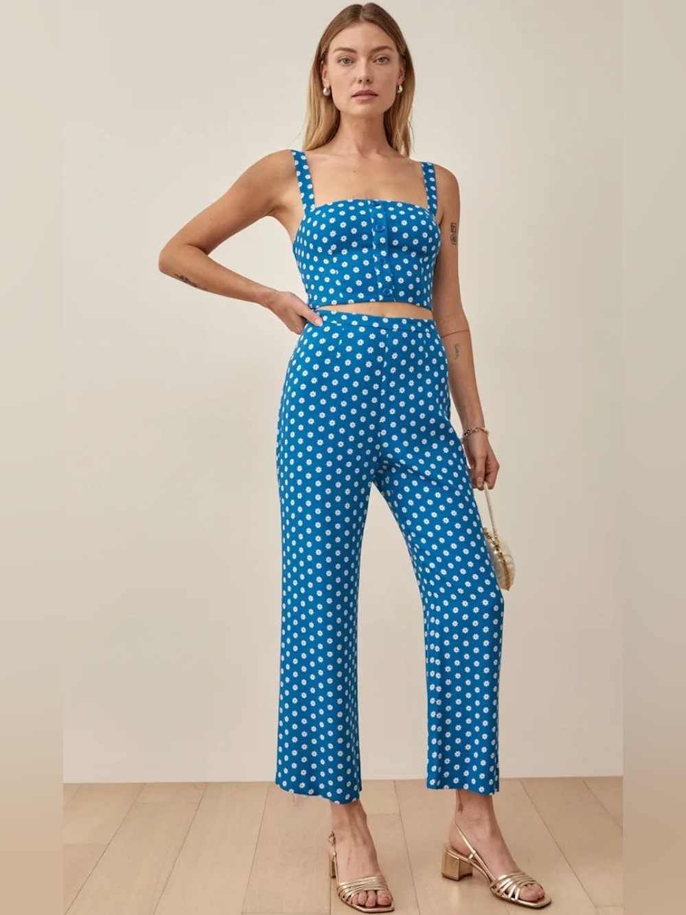 Reformation Blue Floral High-Waist Pants Set